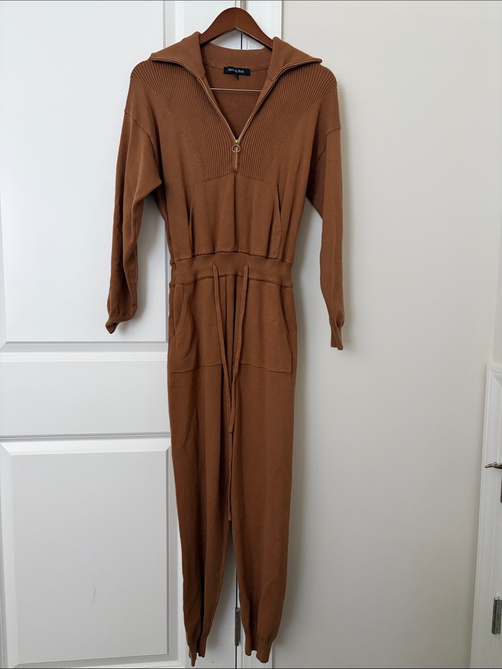 Ribbed Half-Zip Knit Jumpsuit in Camel